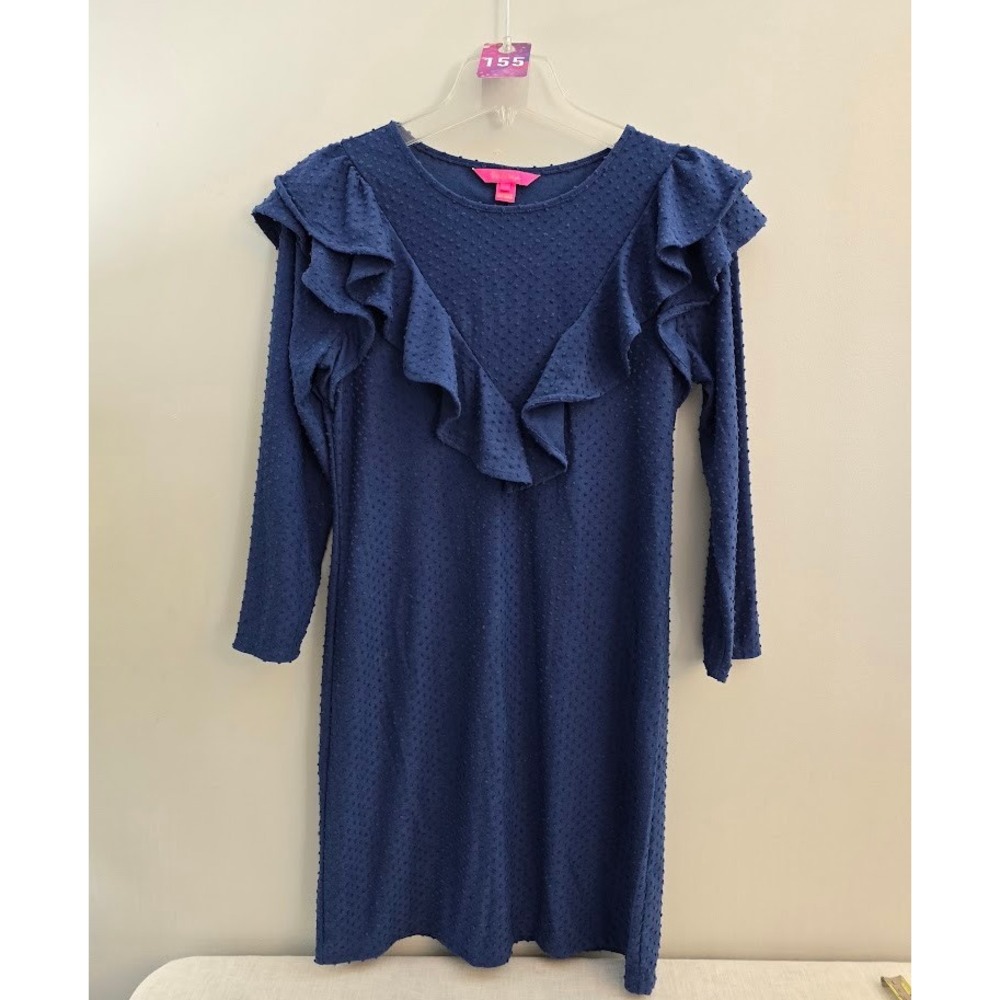 Lilly Pulitzer Womens Pheby Dress Blue Oyster Bay Cozy Knit Swiss Dot LS Size M